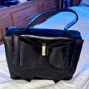 NWT Elegant Black Croc-Embossed Bow Handbag